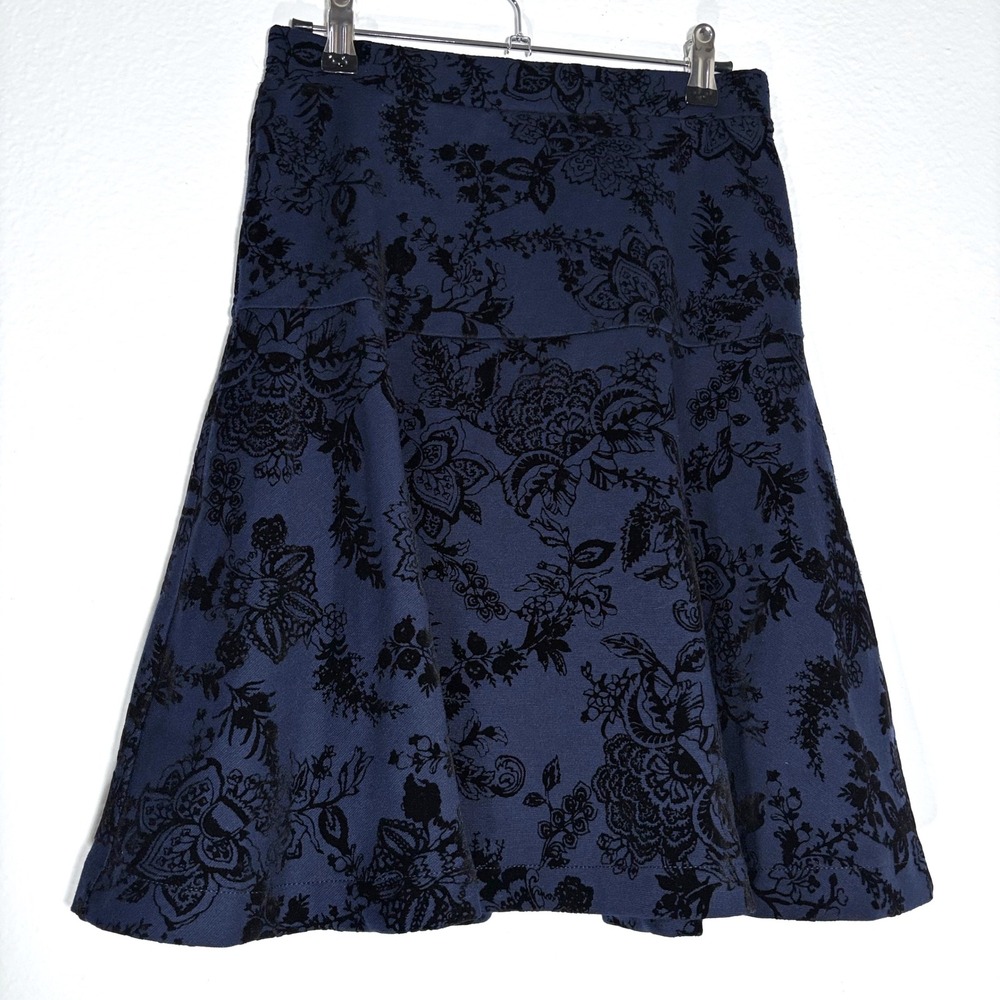 Roz & Ali Women's Velvet Burnout Blue Black Floral Flock A-Line Flare Skirt  XS